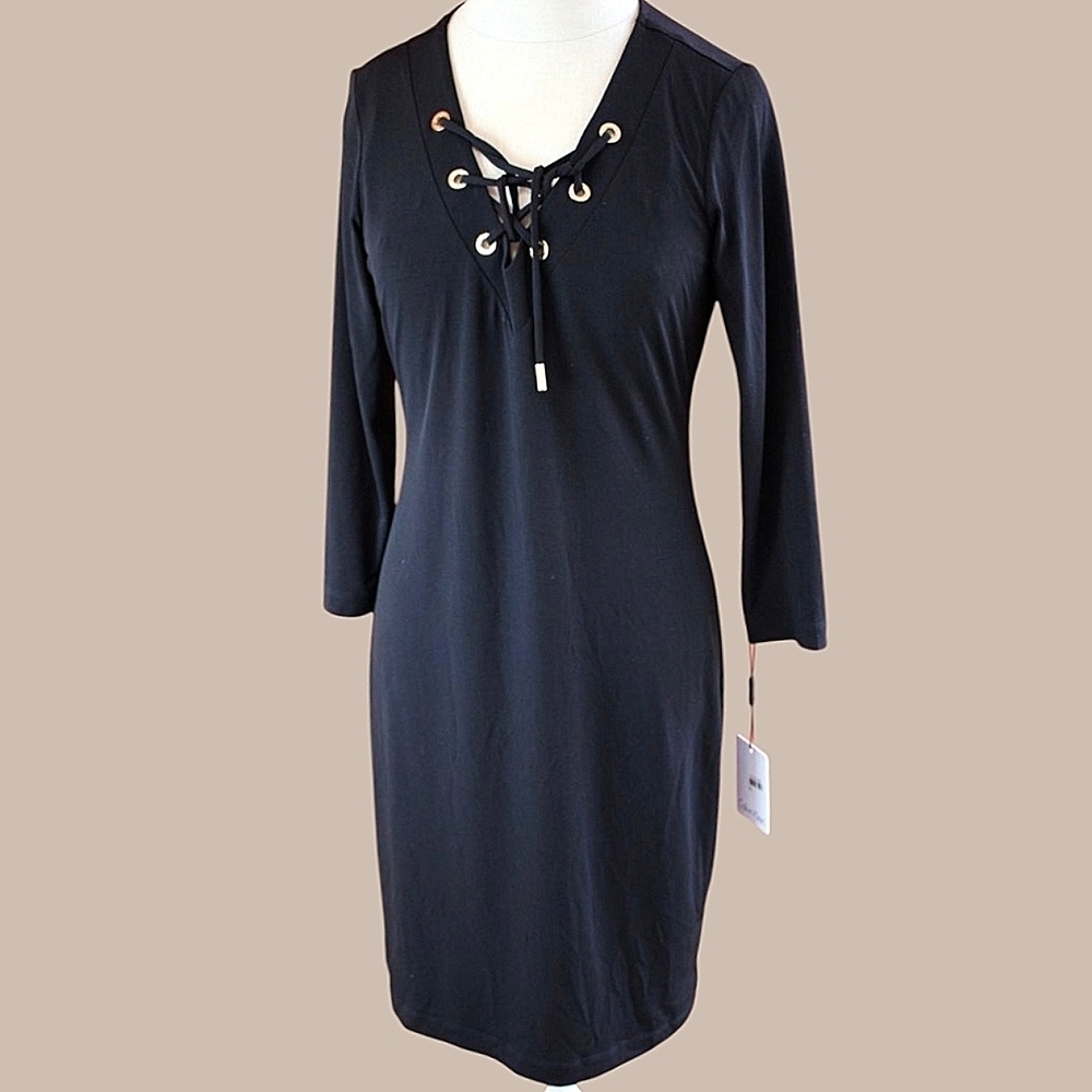 Calvin Klein 3/4 Sleeve Grommet Lace Up Knit Stretch Midi Dress Black XL